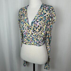 AFRM Floral Puff Sleeve Wrap Top Size S Coquette Vacation Tropical Long Sleeve